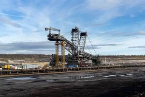 Garzweiler Tagebau, Germany. Huge excavator moving Brown Coal towards Power Plants, generating huge amounts of Greenhouse Gasses that cause global warming. 